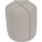 Oatmeal linen footstool viewed from above at an angle, showing curved piped panels and a central button.