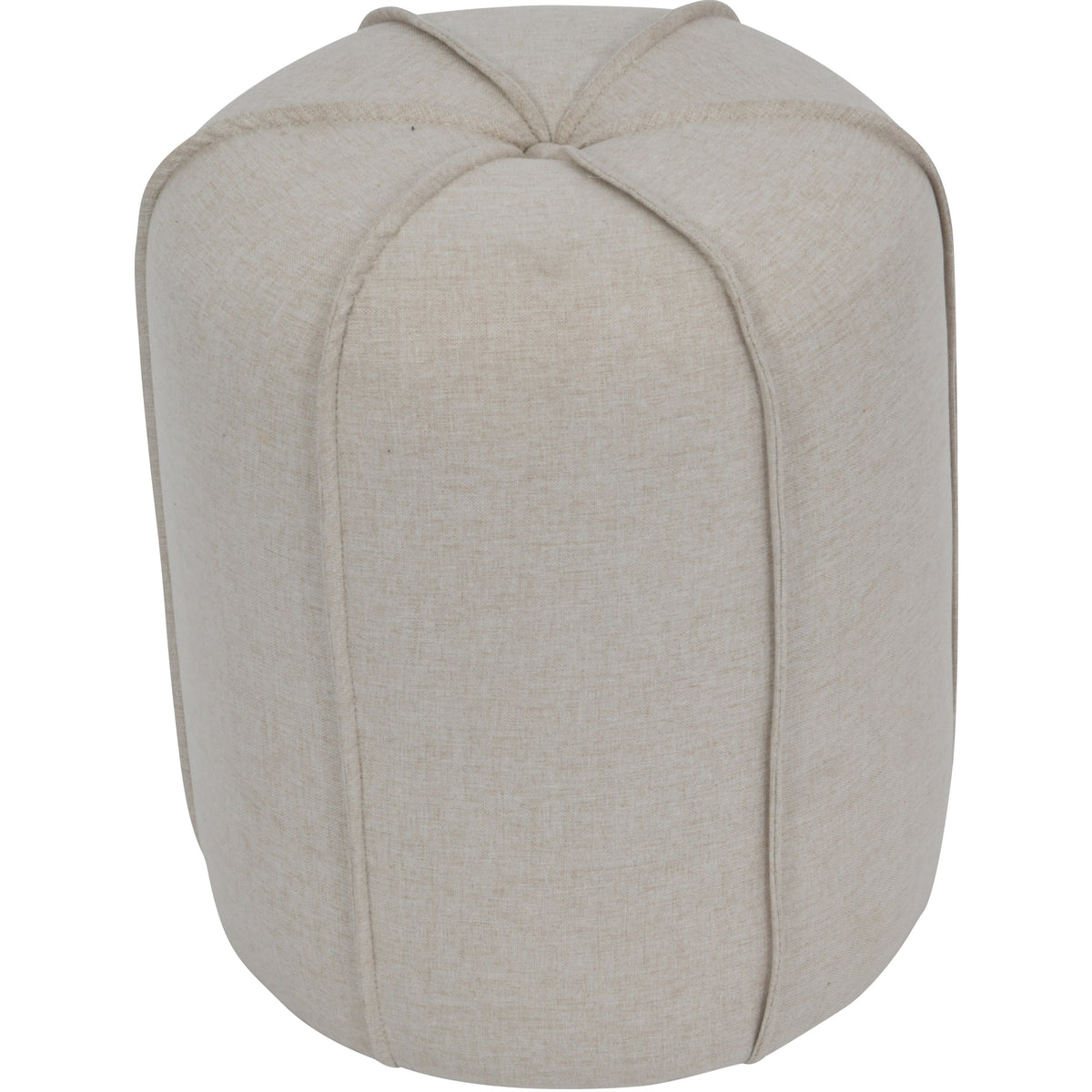Oatmeal linen footstool viewed from above at an angle, showing curved piped panels and a central button.