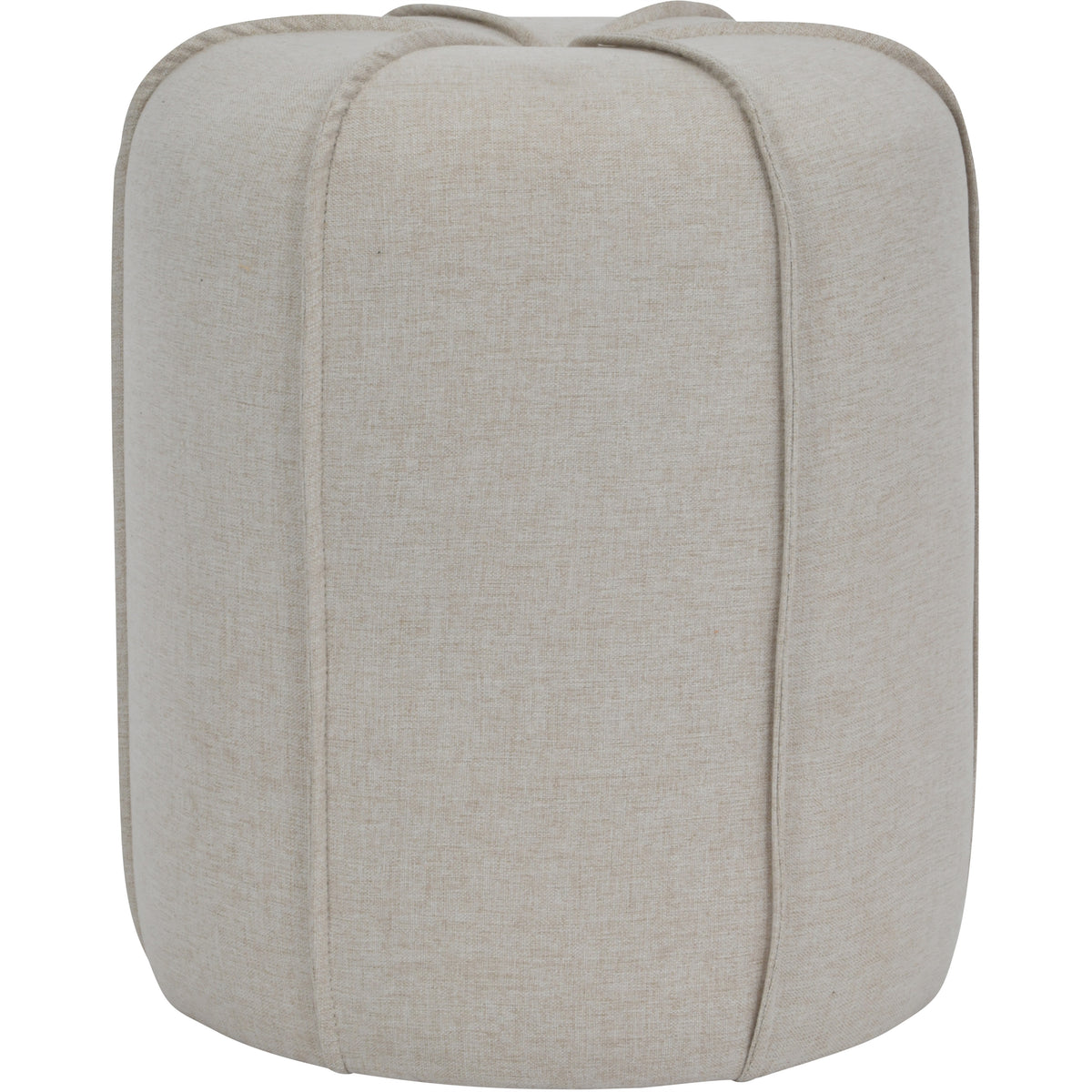 Front view of the round oatmeal footstool, with vertical piping running down its curved upholstered sides.