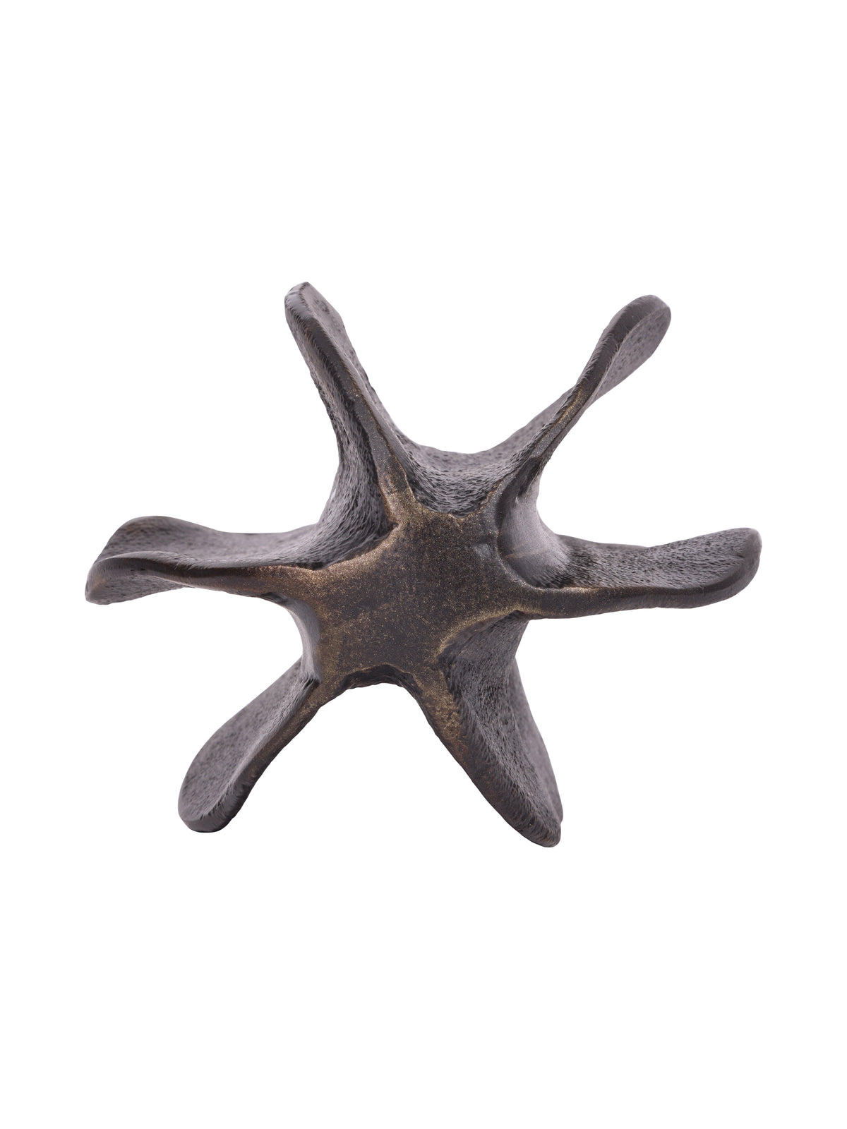 End view of the seed pod sculpture, showing six curved projections around a bronze-toned central area.