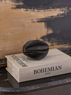 Black seed pod sculpture resting on a pale book on a dark table, in front of tan and charcoal abstract artwork.