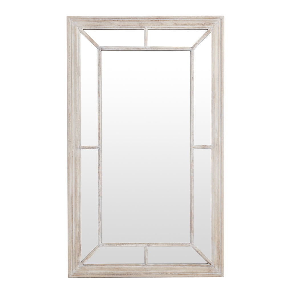 Front view of a tall rectangular wall mirror with a central pane, segmented mirrored border and pale washed frame.