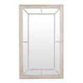 Front view of a tall rectangular wall mirror with a central pane, segmented mirrored border and pale washed frame.