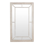Front view of a tall rectangular wall mirror with a central pane, segmented mirrored border and pale washed frame.