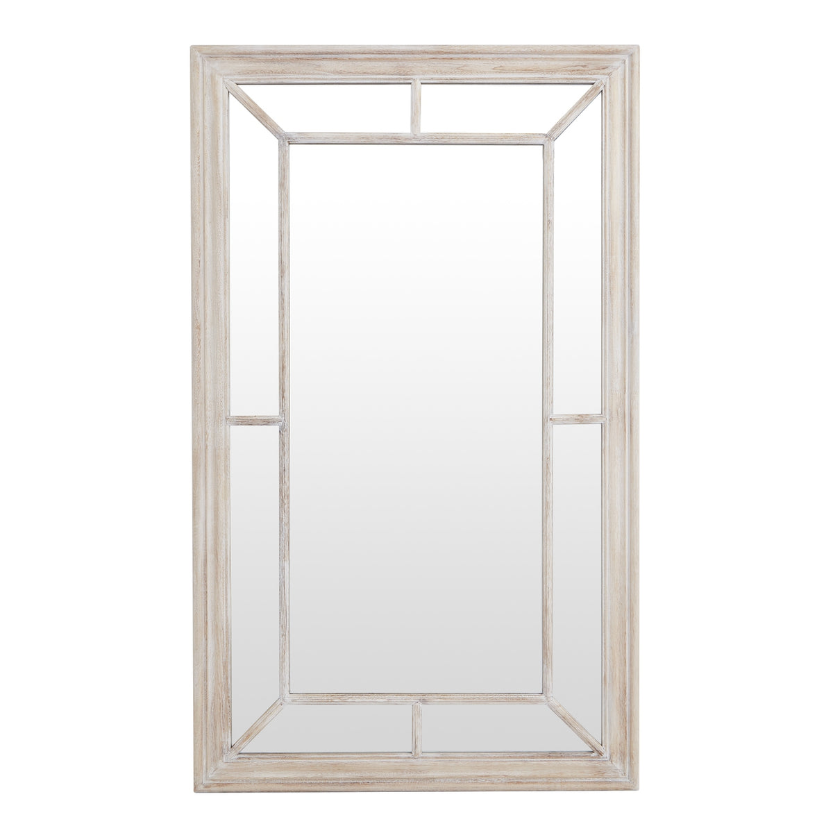 Front view of a tall rectangular wall mirror with a central pane, segmented mirrored border and pale washed frame.