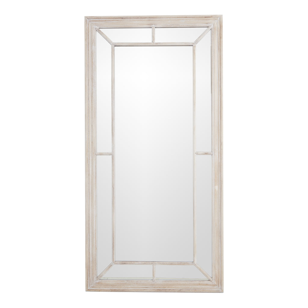 Front view of a tall rectangular wall mirror with a pale frame, large central pane and segmented mirrored border.