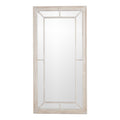 Front view of a tall rectangular wall mirror with a pale frame, large central pane and segmented mirrored border.