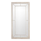 Front view of a tall rectangular wall mirror with a pale frame, large central pane and segmented mirrored border.