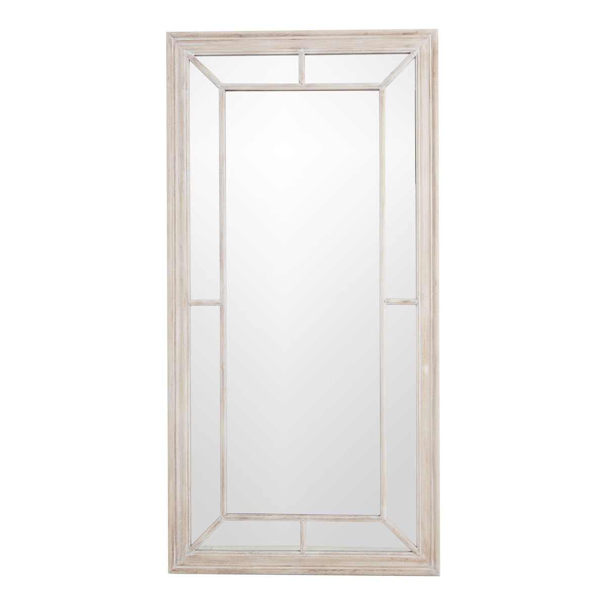 Front view of a tall rectangular wall mirror with a pale frame, large central pane and segmented mirrored border.