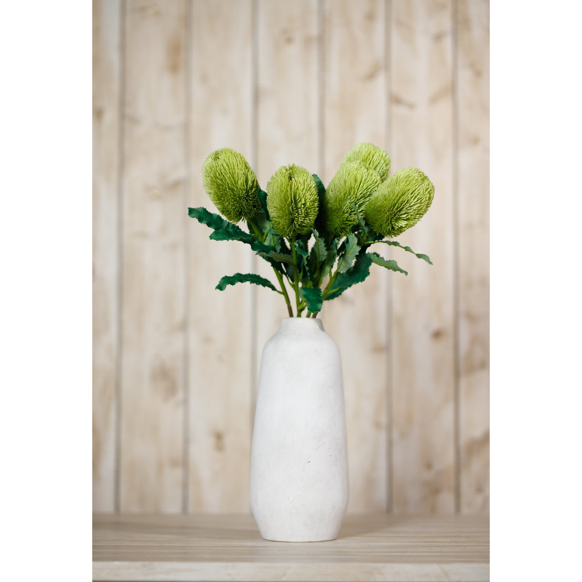 A group of green artificial banksia stems in a tall white vase on a pale surface, against a panelled background.