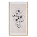 Front view of tall framed botanical artwork showing three open flowers, buds and serrated leaves in black linework on pale pink-cream, with a white inner border and streaked golden-brown frame.