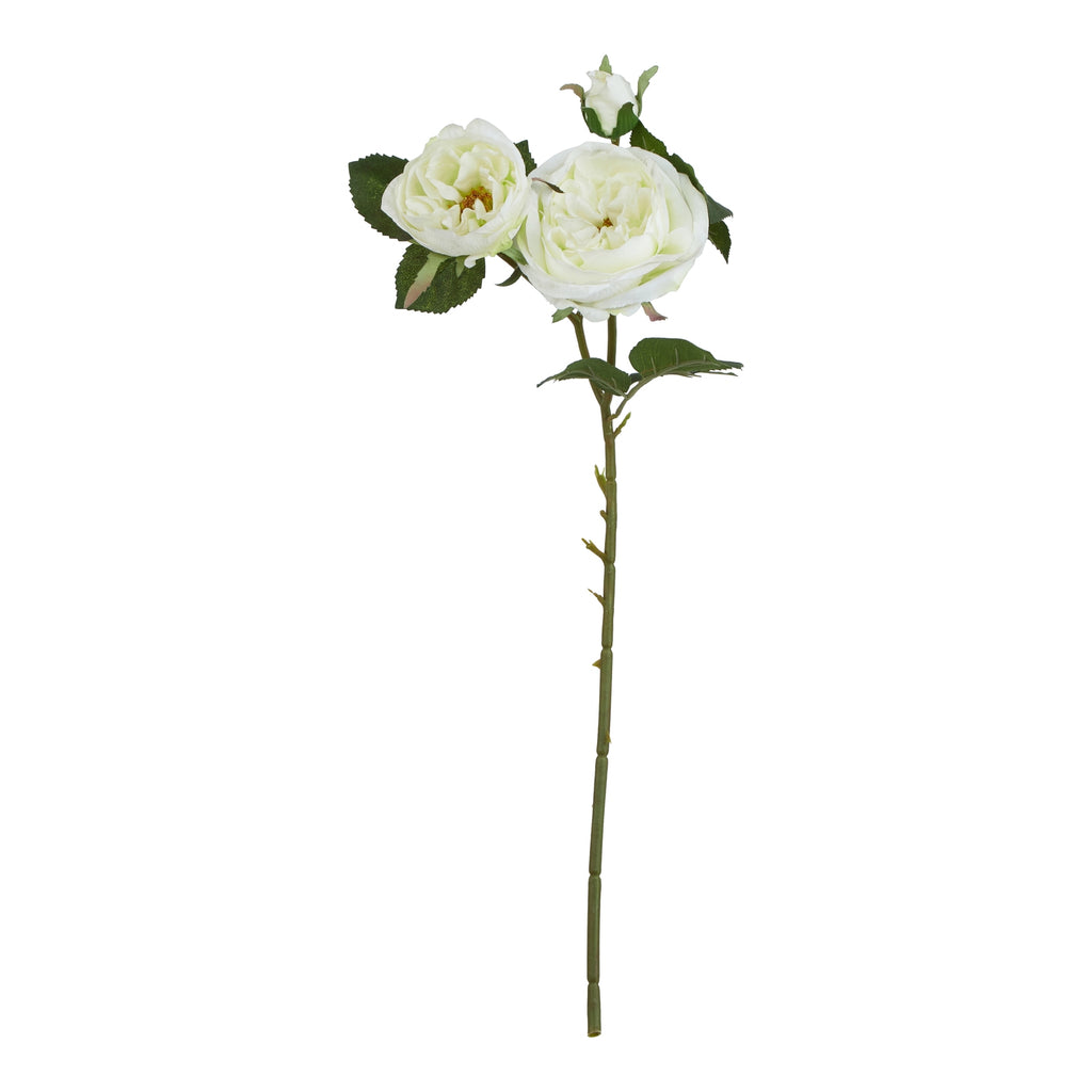 Full view of a green artificial flower stem with two cream-white rose-like blooms, a bud above them and dark green serrated leaves on a white background.