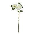 Full view of a green artificial flower stem with two cream-white rose-like blooms, a bud above them and dark green serrated leaves on a white background.