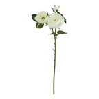 Full view of a green artificial flower stem with two cream-white rose-like blooms, a bud above them and dark green serrated leaves on a white background.