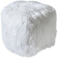 Ivory shaggy cube pouffe viewed at an angle, showing the top and two sides against a white background.