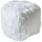 Ivory shaggy cube pouffe viewed at an angle, showing the top and two sides against a white background.