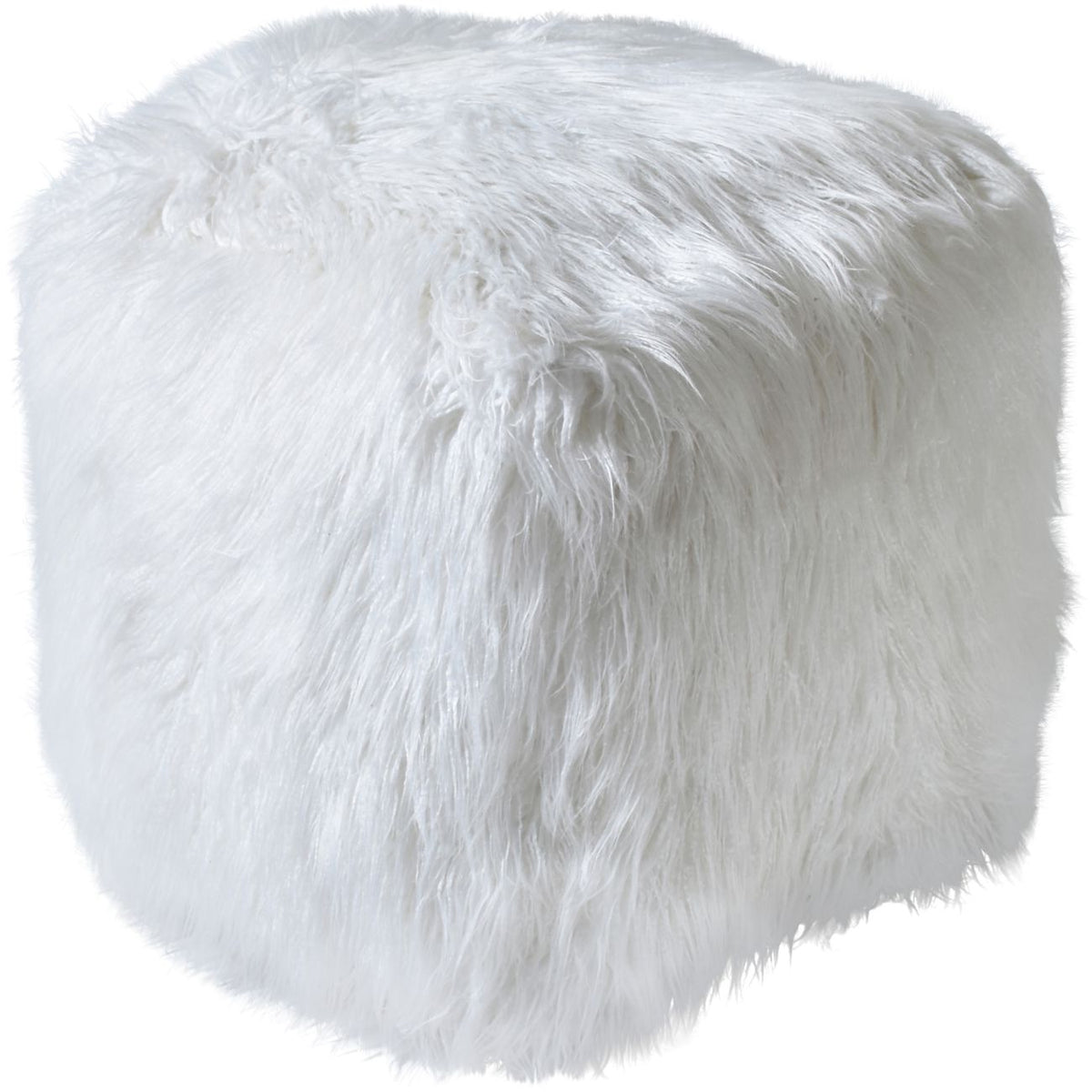 Ivory shaggy cube pouffe viewed at an angle, showing the top and two sides against a white background.