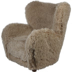 Three-quarter front view of a beige shaggy armchair with rounded arms, a tall curved back and short dark feet.
