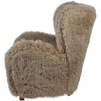 Side view of the beige imitation-fur armchair showing its curved back profile and fully upholstered side.