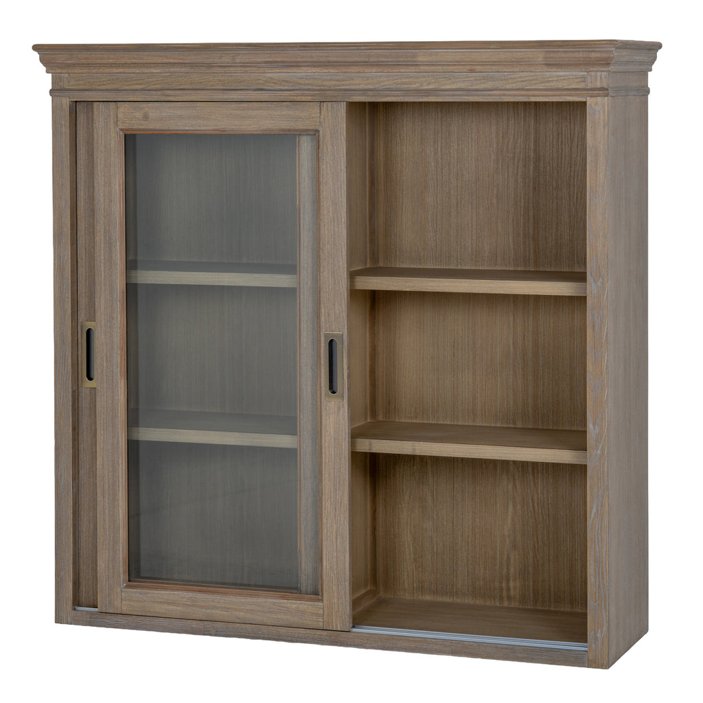 Upper cabinet with the glazed panels positioned to the left, showing the empty shelves and grain of the right-hand interior.