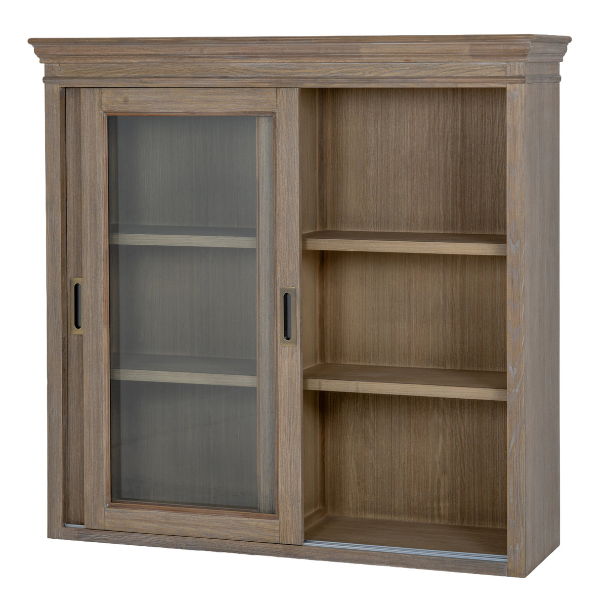 Upper cabinet with the glazed panels positioned to the left, showing the empty shelves and grain of the right-hand interior.