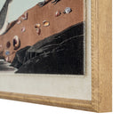 Angled close-up of the print’s lower right corner, showing illustrated shells and dark rocks, the woven-looking pale surround and the beaded edge of the grain-textured frame.