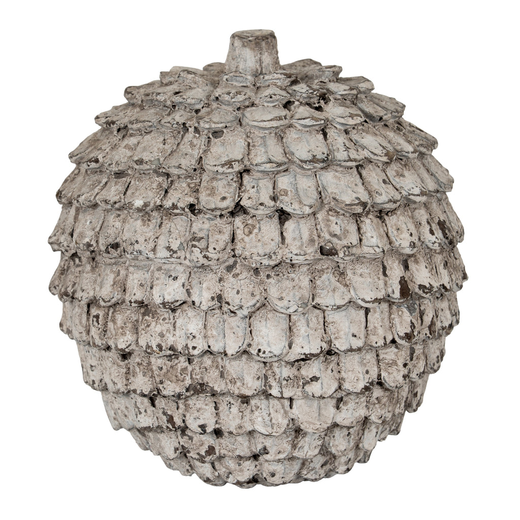Shingle Orb Decorative Sphere shown upright, with overlapping scales and a short flat-topped projection against a white background.