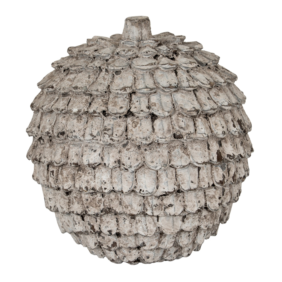 Shingle Orb Decorative Sphere shown upright, with overlapping scales and a short flat-topped projection against a white background.