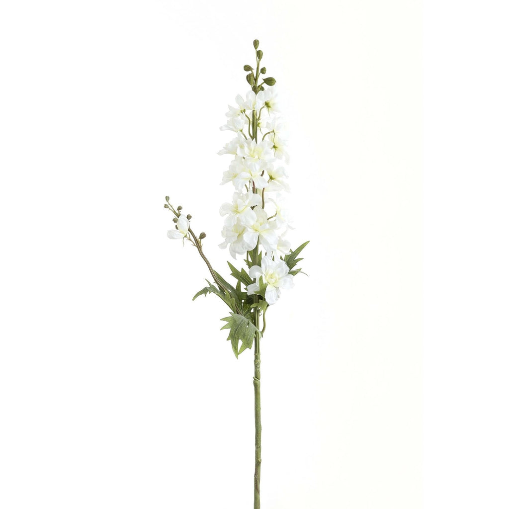 Upright artificial flower stem with a spike of white florets, green buds at the tip, a small flowering side branch and lobed leaves against a white background.