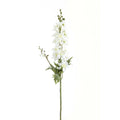 Upright artificial flower stem with a spike of white florets, green buds at the tip, a small flowering side branch and lobed leaves against a white background.