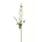 Upright artificial flower stem with a spike of white florets, green buds at the tip, a small flowering side branch and lobed leaves against a white background.