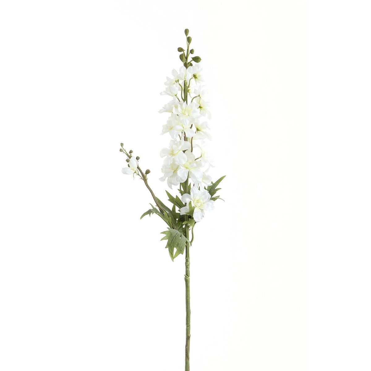 Upright artificial flower stem with a spike of white florets, green buds at the tip, a small flowering side branch and lobed leaves against a white background.