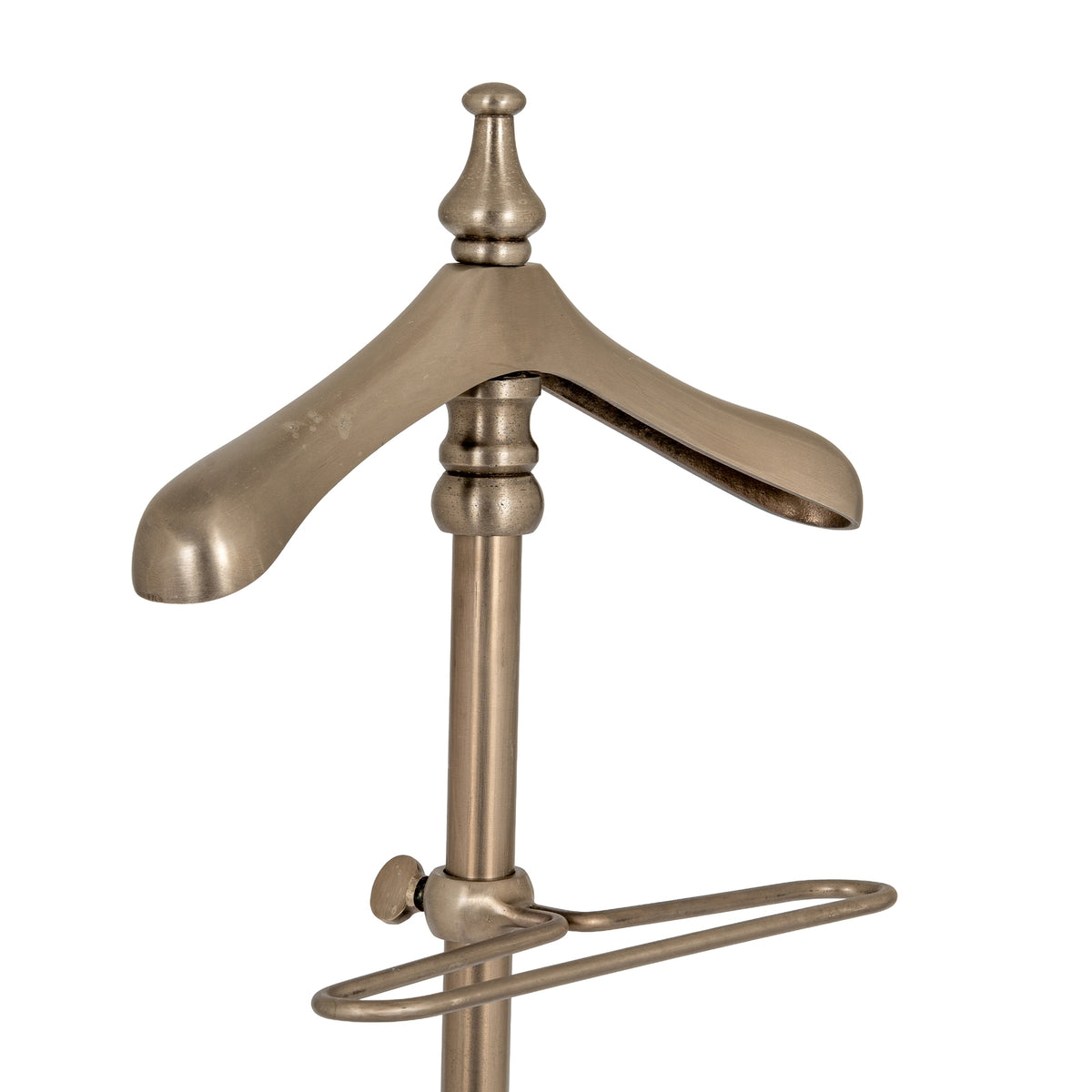 Angled view of the valet stand's shoulder hanger and oval double-rail frame around the central post.