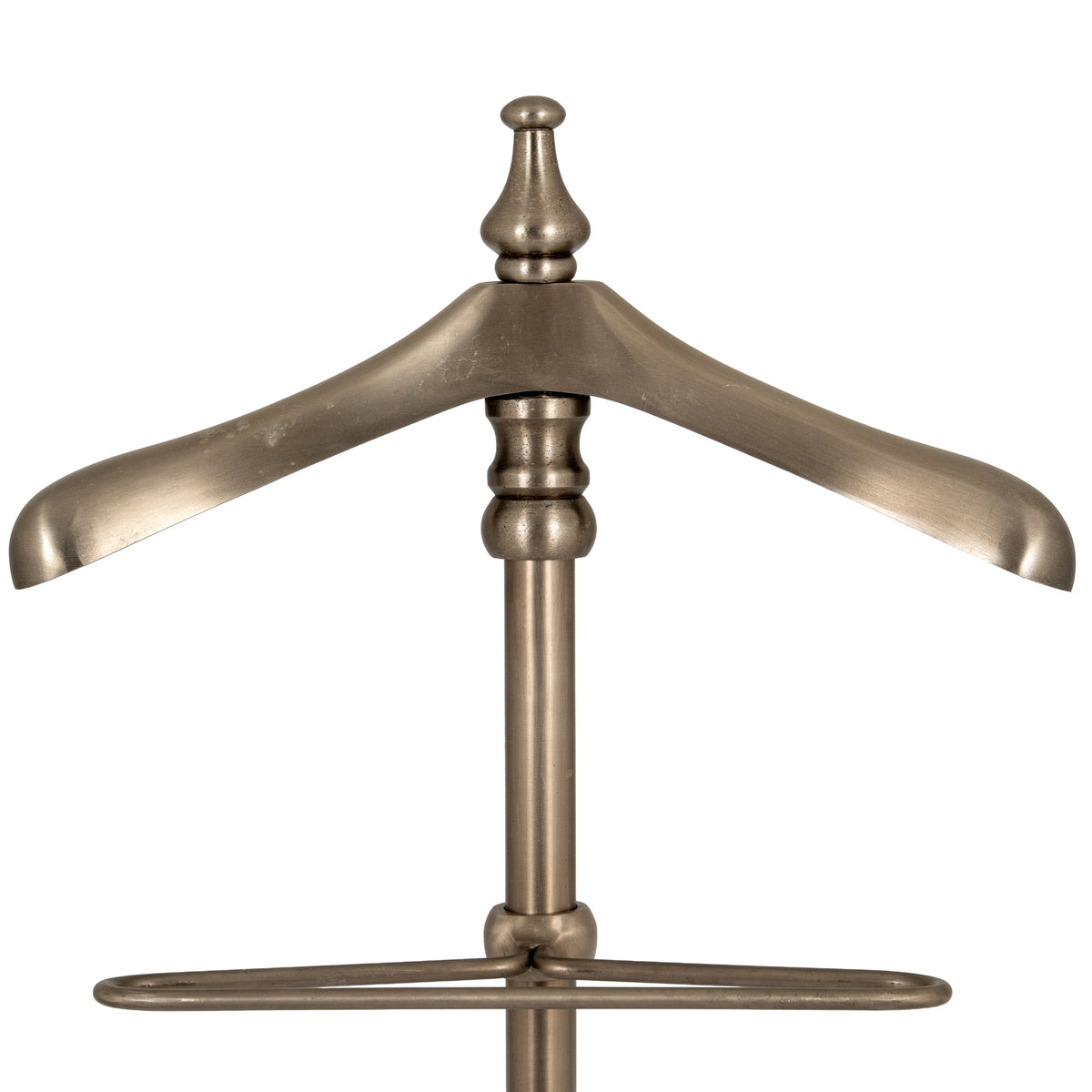 Front close-up of the valet stand's broad curved shoulder hanger, shaped finial and double-rail frame below.
