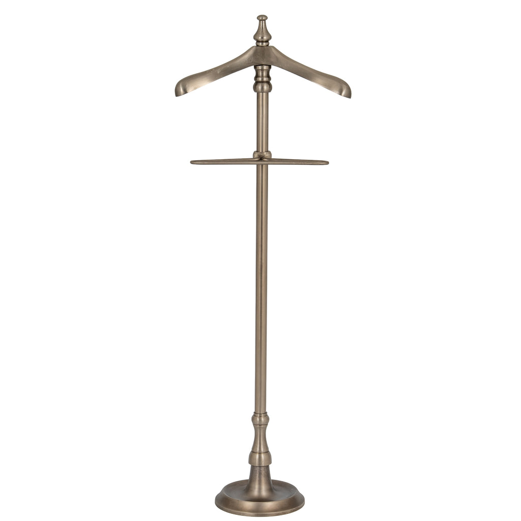 Full front view of an antiqued silver-tone valet stand with a shaped shoulder hanger, tall central post and round stepped base.