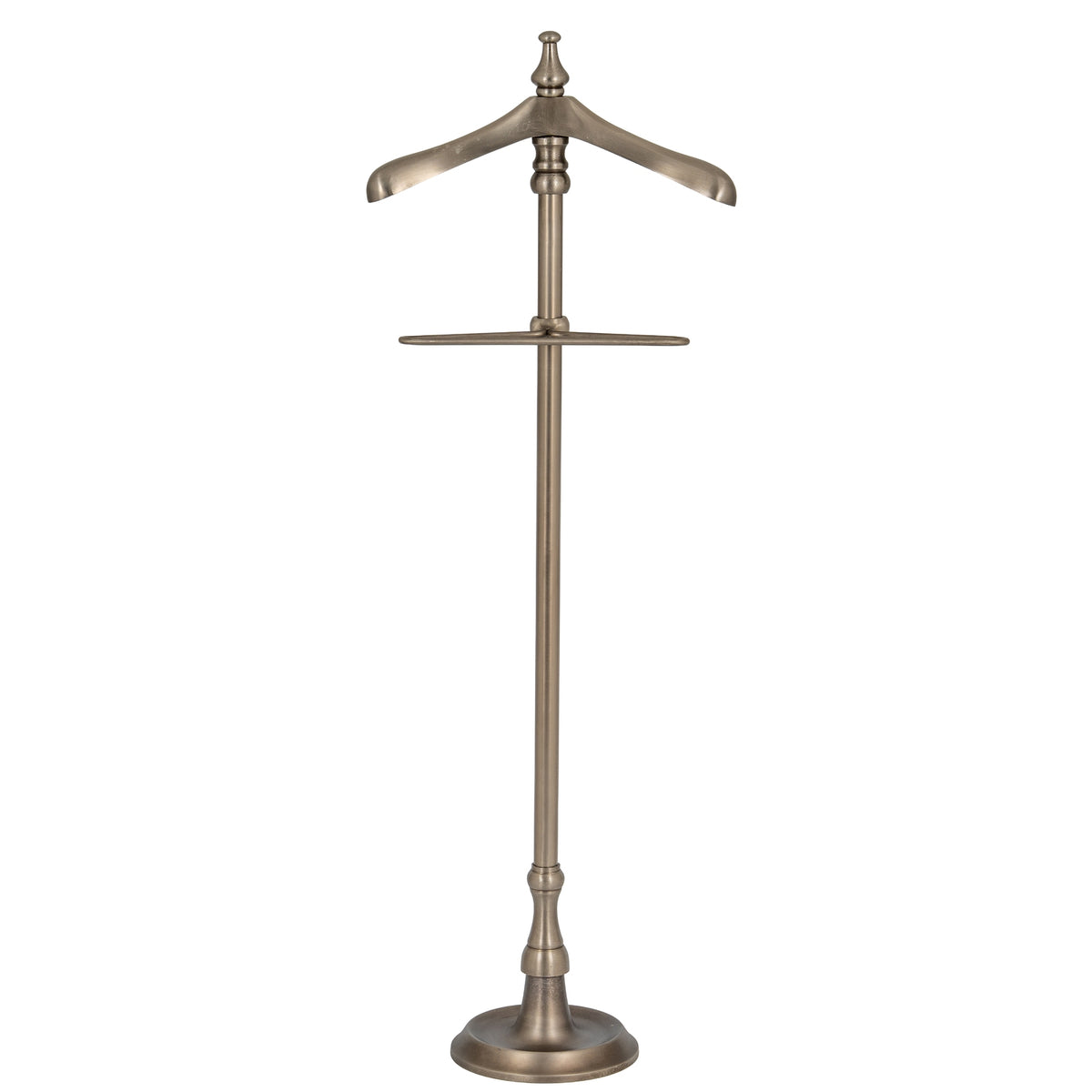 Full front view of an antiqued silver-tone valet stand with a shaped shoulder hanger, tall central post and round stepped base.