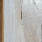 Close-up of the leaf's curved edge, showing cream raised ridges, fine dark lines and canvas weave beside the left frame edge.