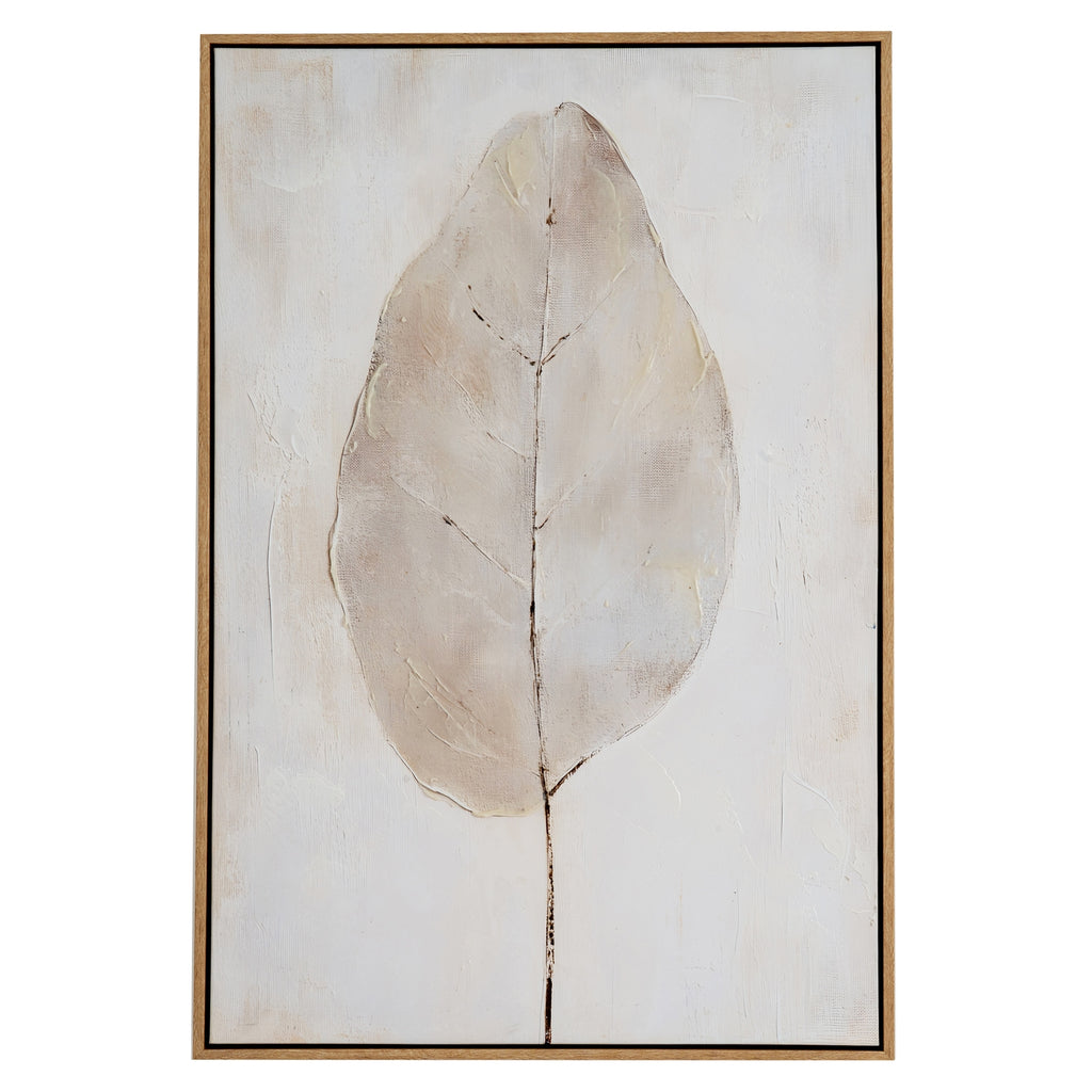 Portrait artwork showing one large pale leaf with fine dark veins against a cream background, within a narrow light-brown frame.