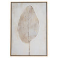 Portrait artwork showing one large pale leaf with fine dark veins against a cream background, within a narrow light-brown frame.