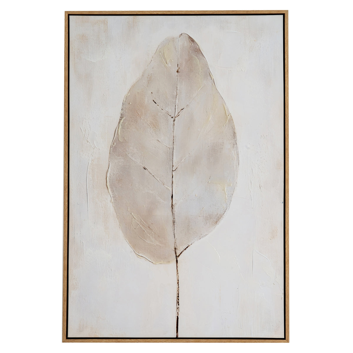 Portrait artwork showing one large pale leaf with fine dark veins against a cream background, within a narrow light-brown frame.