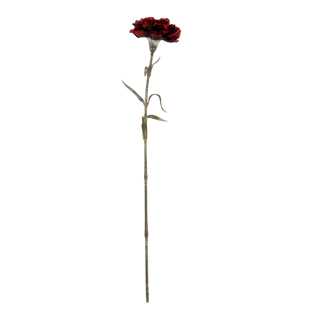 Full view of a burgundy artificial flower with a ruffled head, slender green-brown stem and narrow pointed leaves against white.