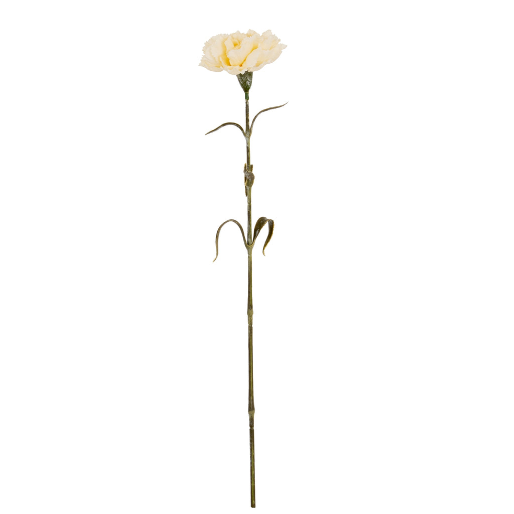 Full view of a cream artificial flower with a ruffled head, green calyx and slender green-brown stem with curved pointed leaves against white.