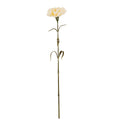 Full view of a cream artificial flower with a ruffled head, green calyx and slender green-brown stem with curved pointed leaves against white.