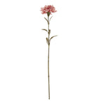 Full view of a pink artificial flower stem with a ruffled head and narrow pointed leaves against a white background.