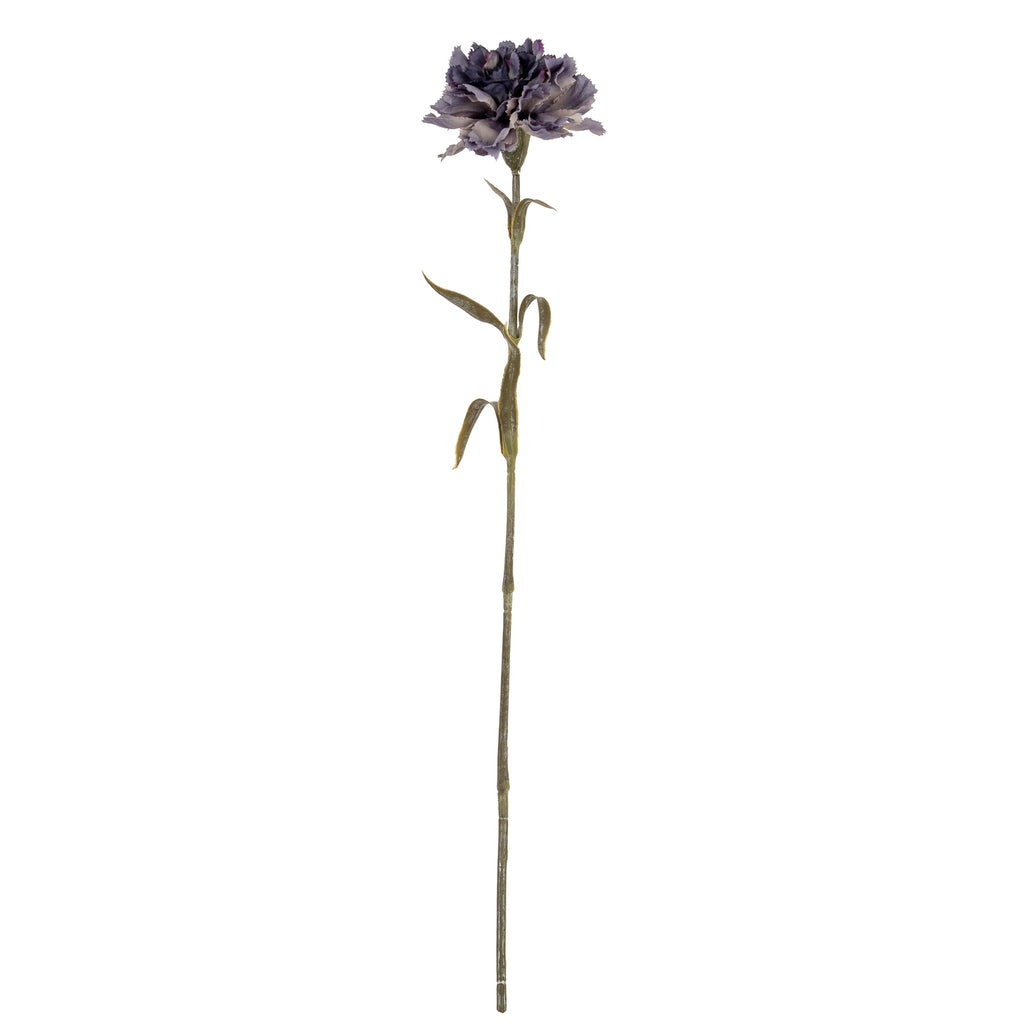 Full view of a purple artificial flower with a ruffled head, long green-brown stem and narrow curved leaves against white.