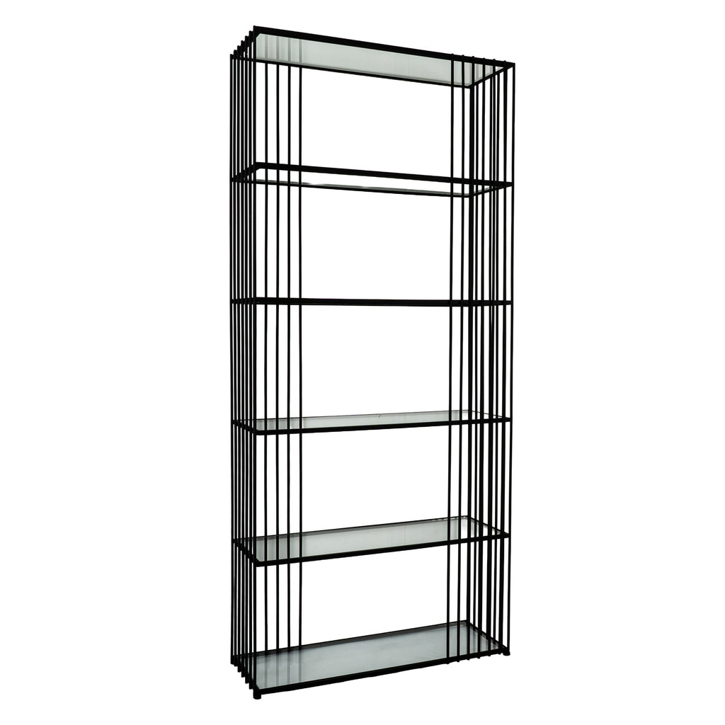 Angled view of an empty tall black shelving unit with six clear shelves and closely spaced rods along its sides.