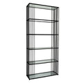 Angled view of an empty tall black shelving unit with six clear shelves and closely spaced rods along its sides.