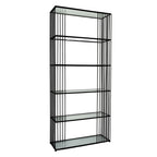 Angled view of an empty tall black shelving unit with six clear shelves and closely spaced rods along its sides.