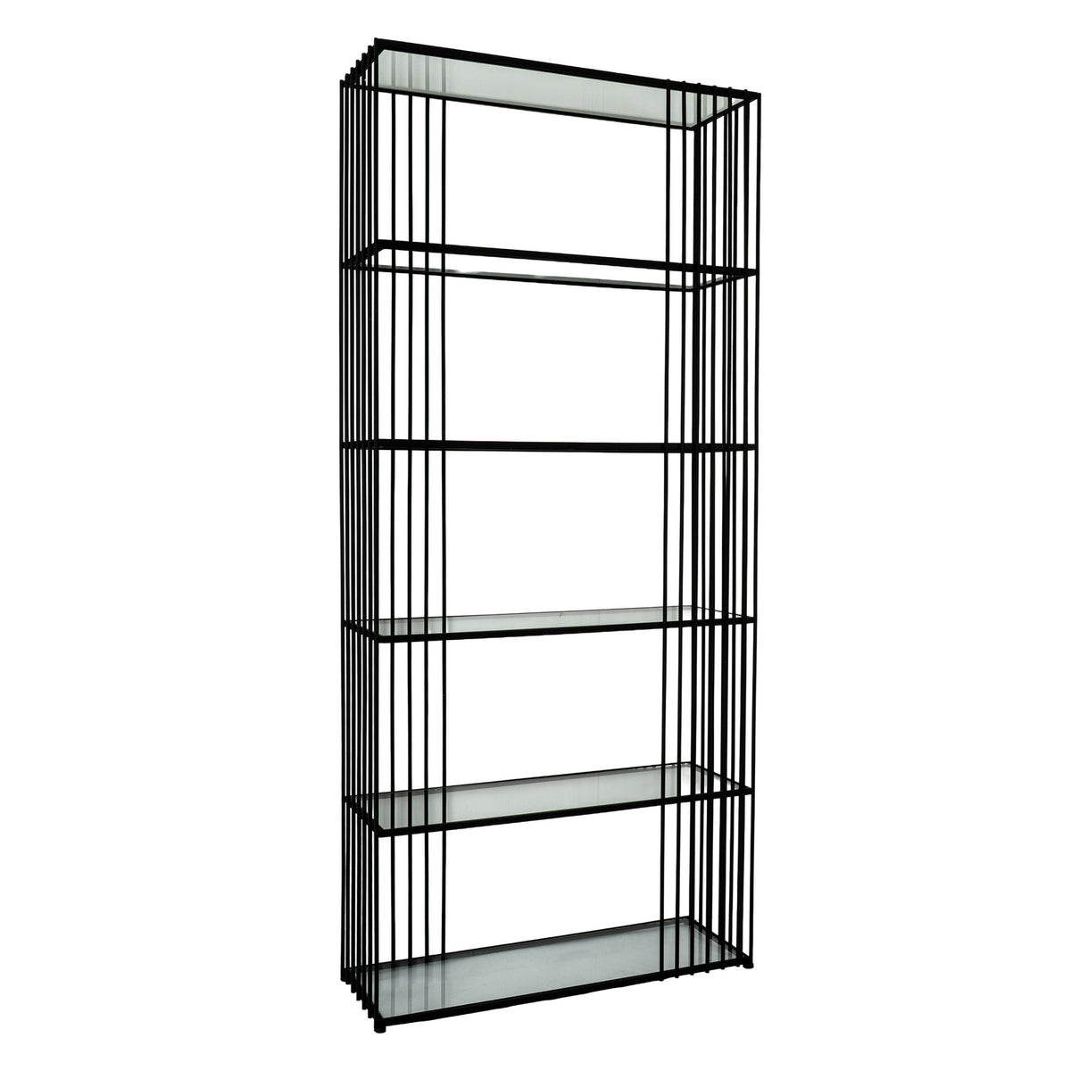 Angled view of an empty tall black shelving unit with six clear shelves and closely spaced rods along its sides.