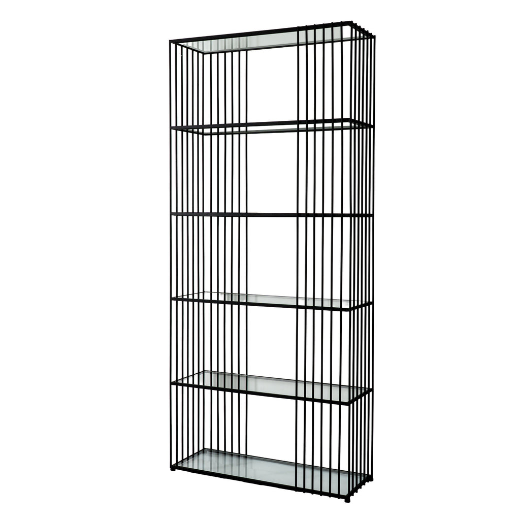Opposite angled view of the six-shelf unit, showing its clear shelf surfaces and repeated black vertical rods.